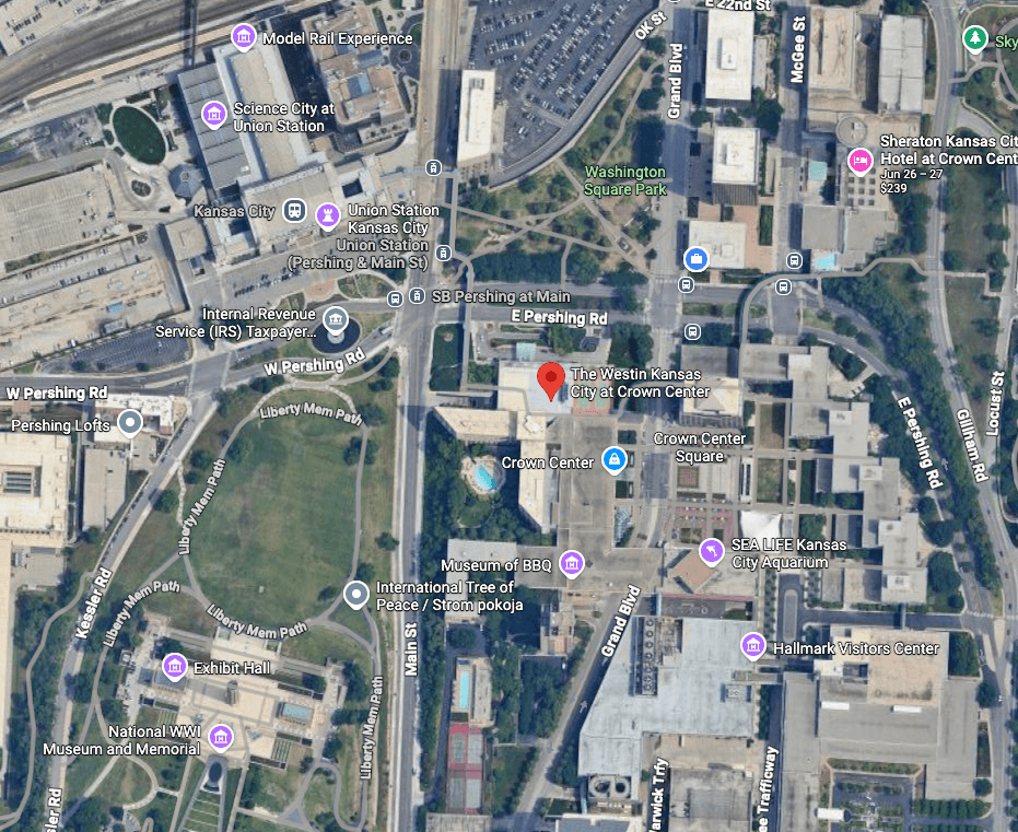 Aerial view of Crown Center in Kansas City, showing The Westin hotel and nearby attractions.